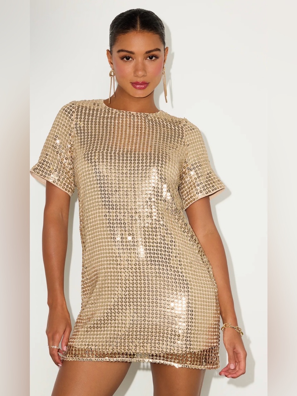 Lulus Covella Gold Sequin Short Sleeve Shift Mini Dress NWT XS